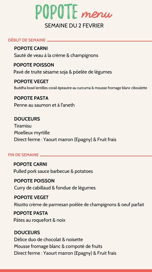 Menu plateaux repas semaine du 2 février
