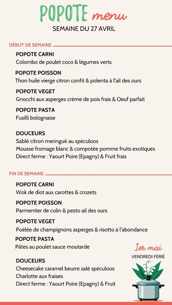 Menu plateaux repas annecy semaine 27 avril 2026